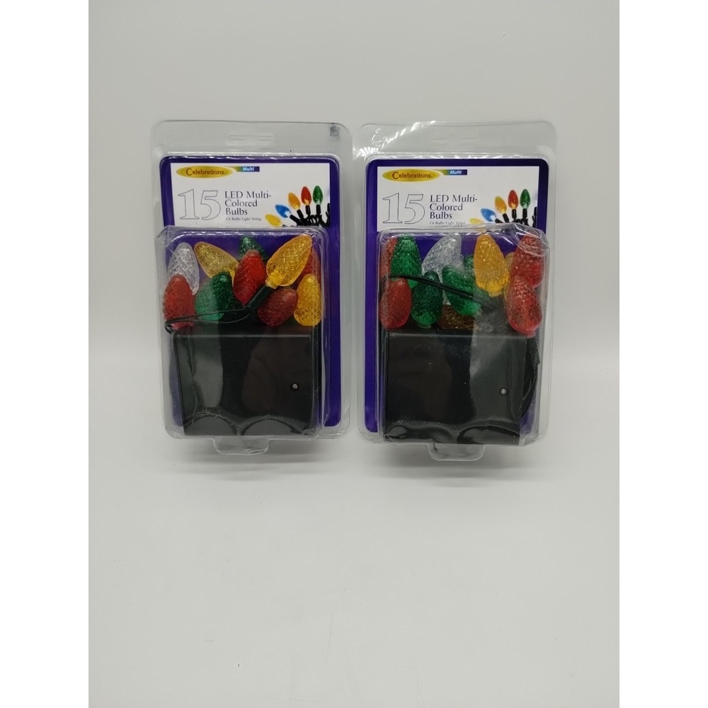 Two 15 Count LED Multi Colored Christmas Lights Battery Pack Twinkle Or Steady